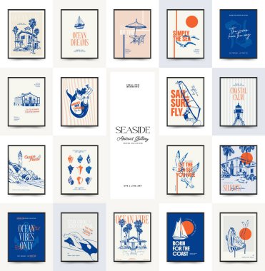 Abstract ocean and sea posters template. Modern sea Botanical trendy black style. Vintage seaweed, fish, shell. Ink wall art.	