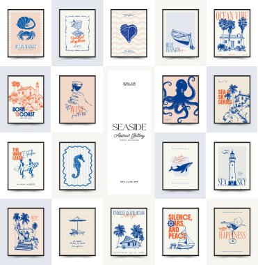 Abstract ocean and sea posters template. Modern sea Botanical trendy black style. Vintage seaweed, fish, shell. Ink wall art.	