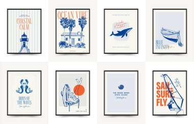 Abstract ocean and sea posters template. Modern sea Botanical trendy black style. Vintage seaweed, fish, shell. Ink wall art.	