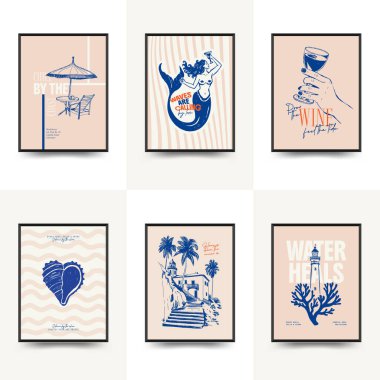 Abstract ocean and sea posters template. Modern sea Botanical trendy black style. Vintage seaweed, fish, shell. Ink wall art.	