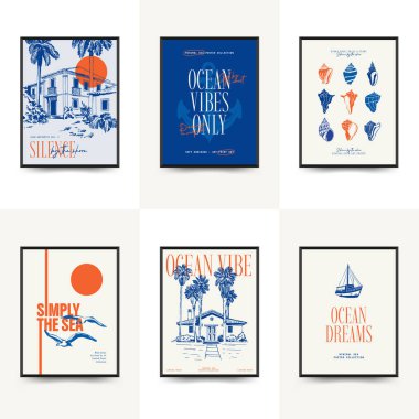 Abstract ocean and sea posters template. Modern sea Botanical trendy black style. Vintage seaweed, fish, shell. Ink wall art.	