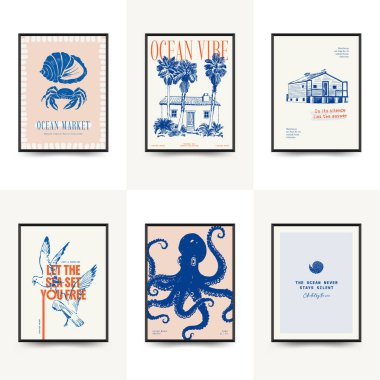 Abstract ocean and sea posters template. Modern sea Botanical trendy black style. Vintage seaweed, fish, shell. Ink wall art.	