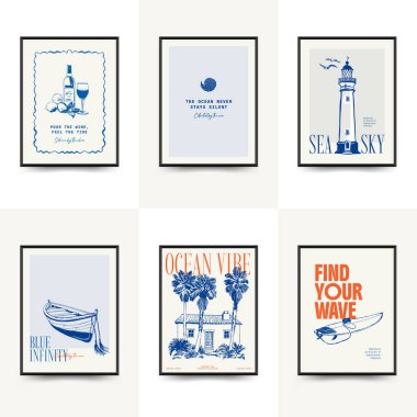 Abstract ocean and sea posters template. Modern sea Botanical trendy black style. Vintage seaweed, fish, shell. Ink wall art.	