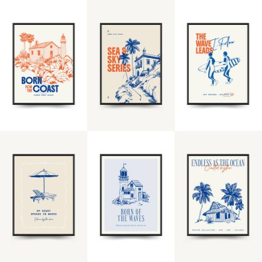 Abstract ocean and sea posters template. Modern sea Botanical trendy black style. Vintage seaweed, fish, shell. Ink wall art.	