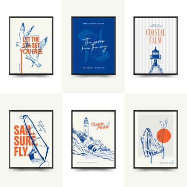 Abstract ocean and sea posters template. Modern sea Botanical trendy black style. Vintage seaweed, fish, shell. Ink wall art.	