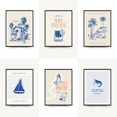 Abstract ocean and sea posters template. Modern sea Botanical trendy black style. Vintage seaweed, fish, shell. Ink wall art.	