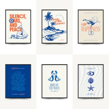 Abstract ocean and sea posters template. Modern sea Botanical trendy black style. Vintage seaweed, fish, shell. Ink wall art.	