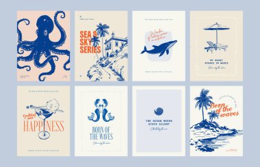 Abstract ocean and sea posters template. Modern sea Botanical trendy black style. Vintage seaweed, fish, shell. Ink wall art.	