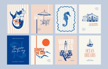 Abstract ocean and sea posters template. Modern sea Botanical trendy black style. Vintage seaweed, fish, shell. Ink wall art.	