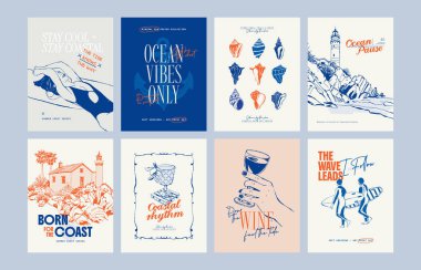 Abstract ocean and sea posters template. Modern sea Botanical trendy black style. Vintage seaweed, fish, shell. Ink wall art.	