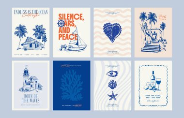 Abstract ocean and sea posters template. Modern sea Botanical trendy black style. Vintage seaweed, fish, shell. Ink wall art.	