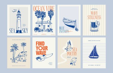 Abstract ocean and sea posters template. Modern sea Botanical trendy black style. Vintage seaweed, fish, shell. Ink wall art.	