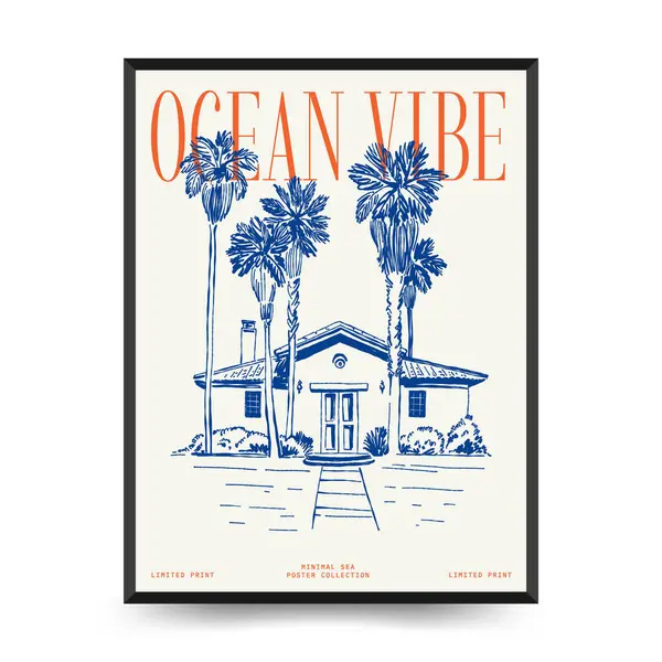 Yaz temalı düzenlenebilir vektör posteri: plaj, deniz, güneş, dalgalar, şemsiyeler. Asgari stil, kişiselleştirmesi kolay, baskı, dekor ve sosyal medya için ideal.