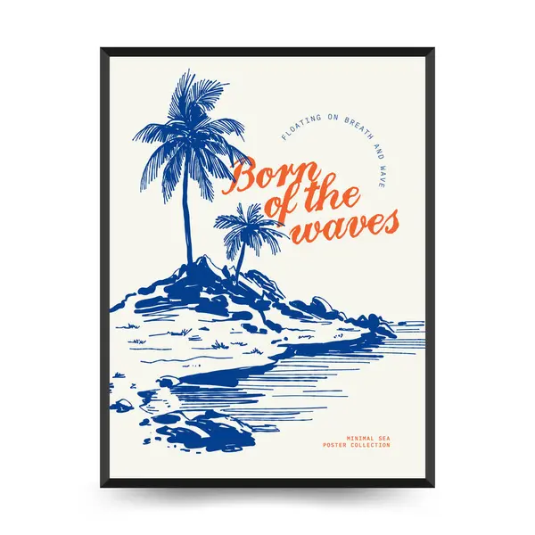 Yaz temalı düzenlenebilir vektör posteri: plaj, deniz, güneş, dalgalar, şemsiyeler. Asgari stil, kişiselleştirmesi kolay, baskı, dekor ve sosyal medya için ideal.