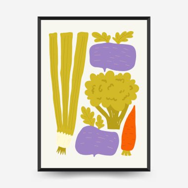 Soyut meyve ve sebze posterleri şablon şeklinde. Modern trend minimalist. Sağlıklı yiyecekler. Duvar kağıdı, duvar dekoru, baskı, kartpostal, kapak, şablon, pankart için el çizimi tasarımı.