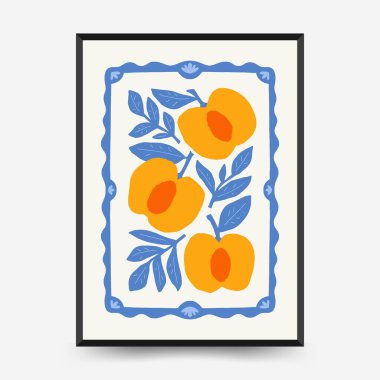 Soyut meyve ve sebze posterleri şablon şeklinde. Modern trend minimalist. Sağlıklı yiyecekler. Duvar kağıdı, duvar dekoru, baskı, kartpostal, kapak, şablon, pankart için el çizimi tasarımı.