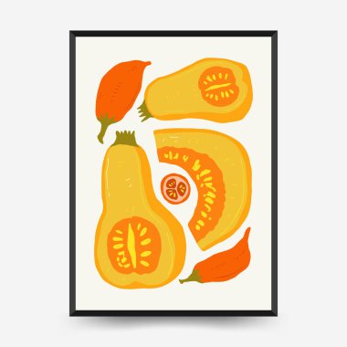 Soyut meyve ve sebze posterleri şablon şeklinde. Modern trend minimalist. Sağlıklı yiyecekler. Duvar kağıdı, duvar dekoru, baskı, kartpostal, kapak, şablon, pankart için el çizimi tasarımı.