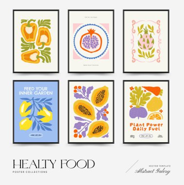 Soyut meyve ve sebze posterleri şablon şeklinde. Modern trend minimalist. Sağlıklı yiyecekler. Duvar kağıdı, duvar dekoru, baskı, kartpostal, kapak, şablon, pankart için el çizimi tasarımı.