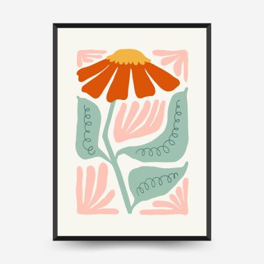 Soyut çiçek posterleri şablonu. Modern trend Matisse minimal tarzı. Pembe ve mavi renkler. Duvar kağıdı, duvar dekoru, baskı, kartpostal, kapak, şablon, pankart için el çizimi tasarımı. 