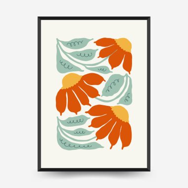 Soyut çiçek posterleri şablonu. Modern trend Matisse minimal tarzı. Pembe ve mavi renkler. Duvar kağıdı, duvar dekoru, baskı, kartpostal, kapak, şablon, pankart için el çizimi tasarımı. 