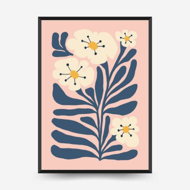 Soyut çiçek posterleri şablonu. Modern trend Matisse minimal tarzı. Pembe ve mavi renkler. Duvar kağıdı, duvar dekoru, baskı, kartpostal, kapak, şablon, pankart için el çizimi tasarımı. 