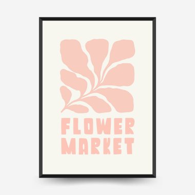 Soyut çiçek posterleri şablonu. Modern trend Matisse minimal tarzı. Pembe ve mavi renkler. Duvar kağıdı, duvar dekoru, baskı, kartpostal, kapak, şablon, pankart için el çizimi tasarımı. 