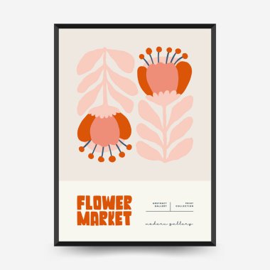 Soyut çiçek posterleri şablonu. Modern trend Matisse minimal tarzı. Pembe ve mavi renkler. Duvar kağıdı, duvar dekoru, baskı, kartpostal, kapak, şablon, pankart için el çizimi tasarımı. 