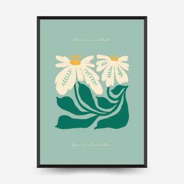 Soyut çiçek posterleri şablonu. Modern trend Matisse minimal tarzı. Pembe ve mavi renkler. Duvar kağıdı, duvar dekoru, baskı, kartpostal, kapak, şablon, pankart için el çizimi tasarımı. 