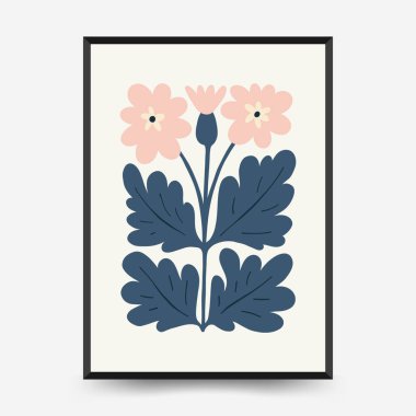 Soyut çiçek posterleri şablonu. Modern trend Matisse minimal tarzı. Pembe ve mavi renkler. Duvar kağıdı, duvar dekoru, baskı, kartpostal, kapak, şablon, pankart için el çizimi tasarımı. 