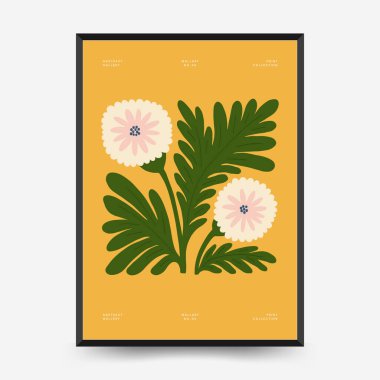 Soyut çiçek posterleri şablonu. Modern trend Matisse minimal tarzı. Pembe ve mavi renkler. Duvar kağıdı, duvar dekoru, baskı, kartpostal, kapak, şablon, pankart için el çizimi tasarımı. 