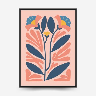 Soyut çiçek posterleri şablonu. Modern trend Matisse minimal tarzı. Pembe ve mavi renkler. Duvar kağıdı, duvar dekoru, baskı, kartpostal, kapak, şablon, pankart için el çizimi tasarımı. 