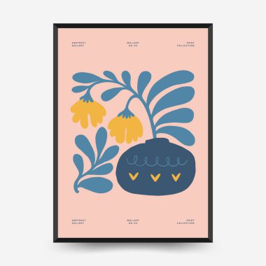 Soyut çiçek posterleri şablonu. Modern trend Matisse minimal tarzı. Pembe ve mavi renkler. Duvar kağıdı, duvar dekoru, baskı, kartpostal, kapak, şablon, pankart için el çizimi tasarımı. 