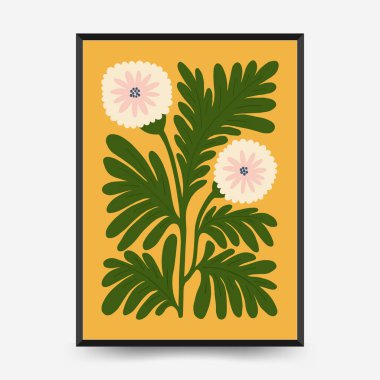 Soyut çiçek posterleri şablonu. Modern trend Matisse minimal tarzı. Pembe ve mavi renkler. Duvar kağıdı, duvar dekoru, baskı, kartpostal, kapak, şablon, pankart için el çizimi tasarımı. 