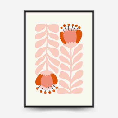 Soyut çiçek posterleri şablonu. Modern trend Matisse minimal tarzı. Pembe ve mavi renkler. Duvar kağıdı, duvar dekoru, baskı, kartpostal, kapak, şablon, pankart için el çizimi tasarımı. 