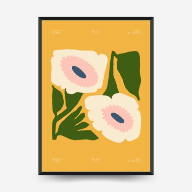 Soyut çiçek posterleri şablonu. Modern trend Matisse minimal tarzı. Pembe ve mavi renkler. Duvar kağıdı, duvar dekoru, baskı, kartpostal, kapak, şablon, pankart için el çizimi tasarımı. 
