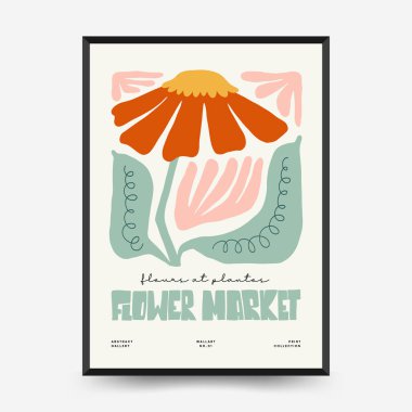 Soyut çiçek posterleri şablonu. Modern trend Matisse minimal tarzı. Pembe ve mavi renkler. Duvar kağıdı, duvar dekoru, baskı, kartpostal, kapak, şablon, pankart için el çizimi tasarımı. 