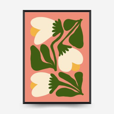 Soyut çiçek posterleri şablonu. Modern trend Matisse minimal tarzı. Pembe ve mavi renkler. Duvar kağıdı, duvar dekoru, baskı, kartpostal, kapak, şablon, pankart için el çizimi tasarımı. 