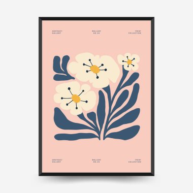 Soyut çiçek posterleri şablonu. Modern trend Matisse minimal tarzı. Pembe ve mavi renkler. Duvar kağıdı, duvar dekoru, baskı, kartpostal, kapak, şablon, pankart için el çizimi tasarımı. 
