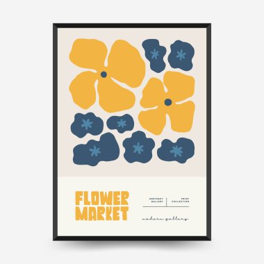 Soyut çiçek posterleri şablonu. Modern trend Matisse minimal tarzı. Pembe ve mavi renkler. Duvar kağıdı, duvar dekoru, baskı, kartpostal, kapak, şablon, pankart için el çizimi tasarımı. 