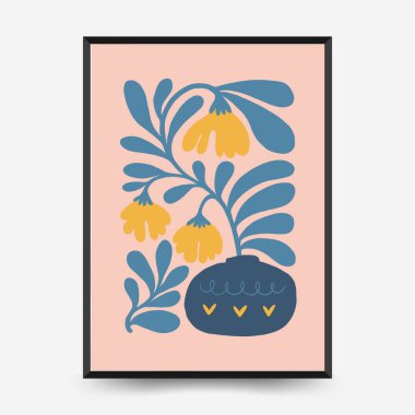 Soyut çiçek posterleri şablonu. Modern trend Matisse minimal tarzı. Pembe ve mavi renkler. Duvar kağıdı, duvar dekoru, baskı, kartpostal, kapak, şablon, pankart için el çizimi tasarımı. 