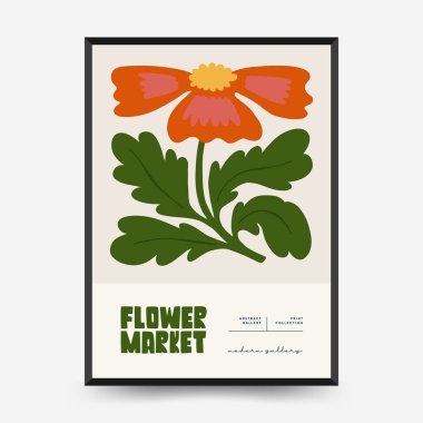 Soyut çiçek posterleri şablonu. Modern trend Matisse minimal tarzı. Pembe ve mavi renkler. Duvar kağıdı, duvar dekoru, baskı, kartpostal, kapak, şablon, pankart için el çizimi tasarımı. 