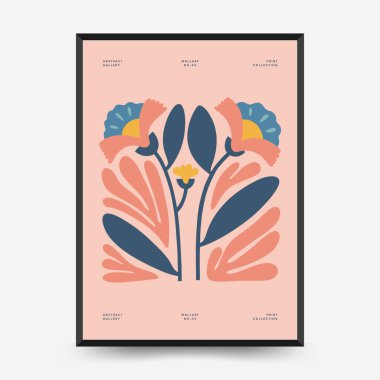 Soyut çiçek posterleri şablonu. Modern trend Matisse minimal tarzı. Pembe ve mavi renkler. Duvar kağıdı, duvar dekoru, baskı, kartpostal, kapak, şablon, pankart için el çizimi tasarımı. 