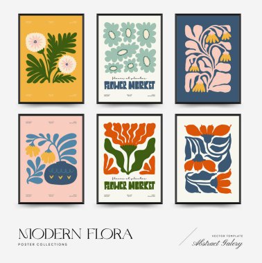 Soyut çiçek posterleri şablonu. Modern trend Matisse minimal tarzı. Pembe ve mavi renkler. Duvar kağıdı, duvar dekoru, baskı, kartpostal, kapak, şablon, pankart için el çizimi tasarımı. 