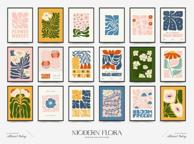 Soyut çiçek posterleri şablonu. Modern trend Matisse minimal tarzı. Pembe ve mavi renkler. Duvar kağıdı, duvar dekoru, baskı, kartpostal, kapak, şablon, pankart için el çizimi tasarımı. 