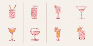 Meyveli, buzlu ve otlu çeşitli bardaklarda minimalist kokteyl çizimleri. El çizimi sanat, hafif arkaplanda şık bar tasarımı.