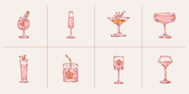 Meyveli, buzlu ve otlu çeşitli bardaklarda minimalist kokteyl çizimleri. El çizimi sanat, hafif arkaplanda şık bar tasarımı.