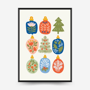 Mutlu Noeller ve mutlu yıllar dikey uçucu ya da poster şablonu. Modern trend Matisse minimal tarzı. Duvar kağıdı, duvar dekoru, baskı, kartpostal, kapak, şablon, pankart için el çizimi tasarımı.