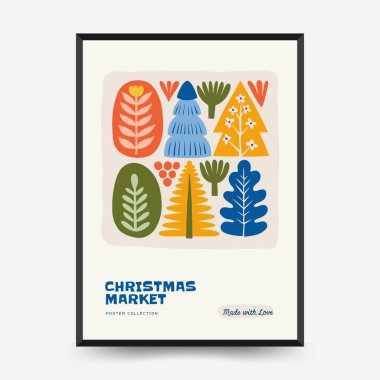 Mutlu Noeller ve mutlu yıllar dikey uçucu ya da poster şablonu. Modern trend Matisse minimal tarzı. Duvar kağıdı, duvar dekoru, baskı, kartpostal, kapak, şablon, pankart için el çizimi tasarımı.