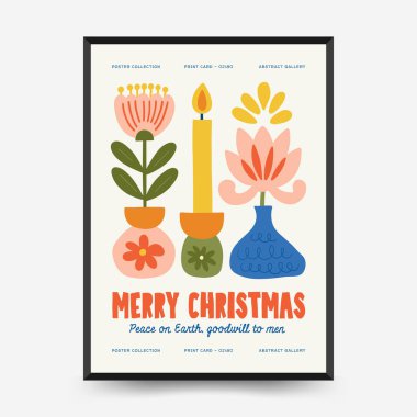 Mutlu Noeller ve mutlu yıllar dikey uçucu ya da poster şablonu. Modern trend Matisse minimal tarzı. Duvar kağıdı, duvar dekoru, baskı, kartpostal, kapak, şablon, pankart için el çizimi tasarımı.
