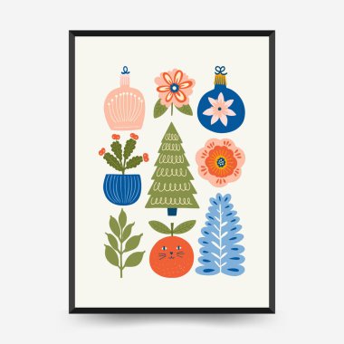 Mutlu Noeller ve mutlu yıllar dikey uçucu ya da poster şablonu. Modern trend Matisse minimal tarzı. Duvar kağıdı, duvar dekoru, baskı, kartpostal, kapak, şablon, pankart için el çizimi tasarımı.